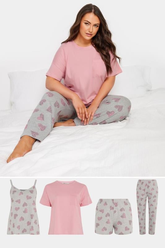 evans YOURS 4 PACK Curve Grey Love Heart Print Pyjama Set