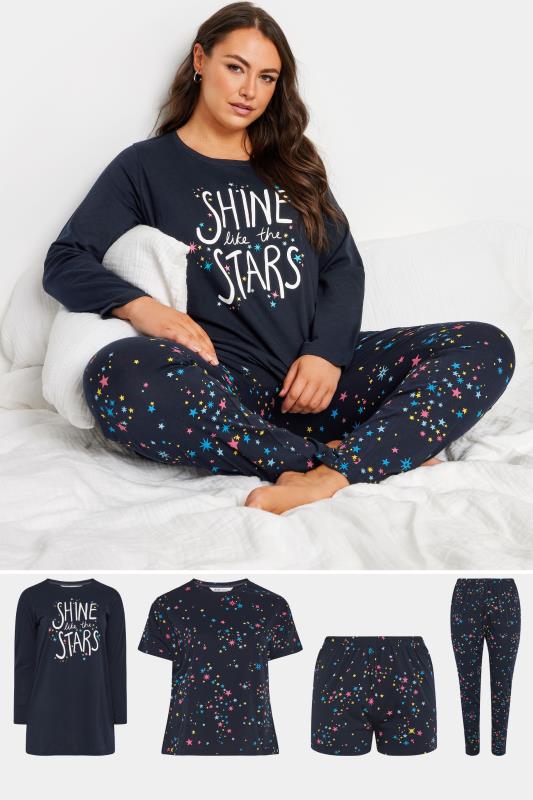 evans YOURS 4 PACK Curve Navy Blue Star Print Pyjama Set