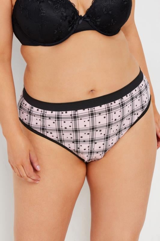 Evans YOURS 5 PACK Curve Black & Pink Check Print High Leg Knickers