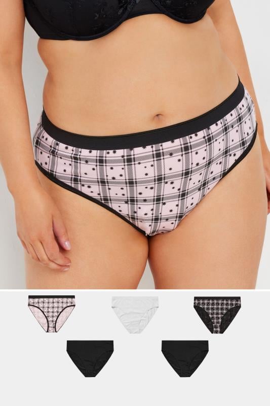 evans YOURS 5 PACK Curve Black & Pink Check Print High Leg Knickers