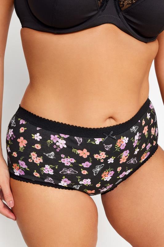 Evans YOURS 5 PACK Curve Black & Pink Floral Design High Waisted Full Briefs