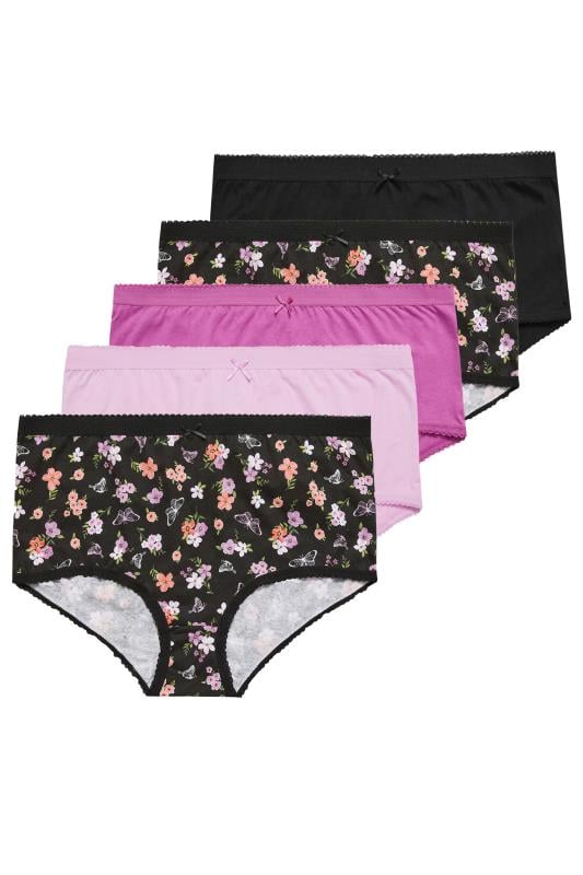 Evans YOURS 5 PACK Curve Black & Pink Floral Design High Waisted Full Briefs