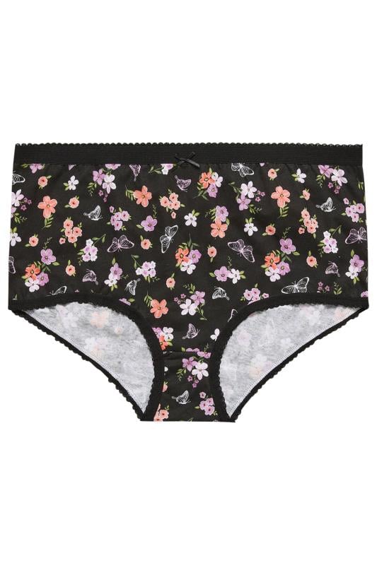 Evans YOURS 5 PACK Curve Black & Pink Floral Design High Waisted Full Briefs