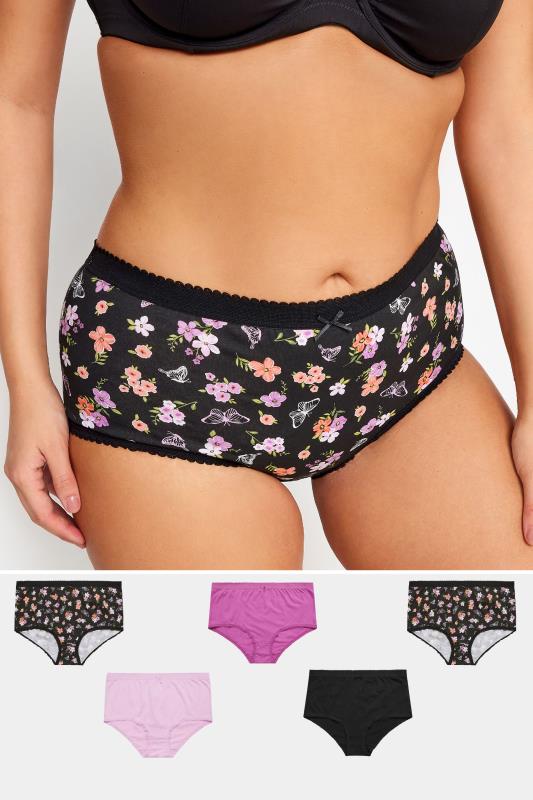 evans YOURS 5 PACK Curve Black & Pink Floral Design High Waisted Full Briefs