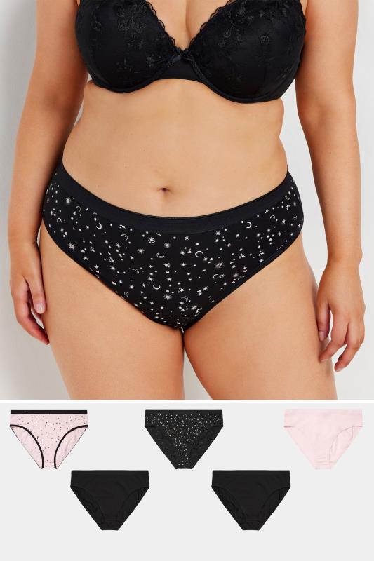 evans YOURS 5 PACK Curve Black & Pink Star Print High Leg Knickers