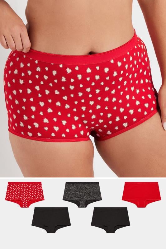 evans YOURS 5 PACK Curve Black & Red Heart Print Shorts