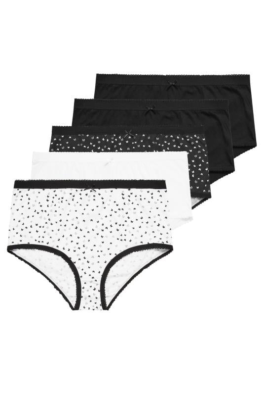 Evans YOURS 5 PACK Curve Black & White Butterfly Design High Waisted Full Briefs