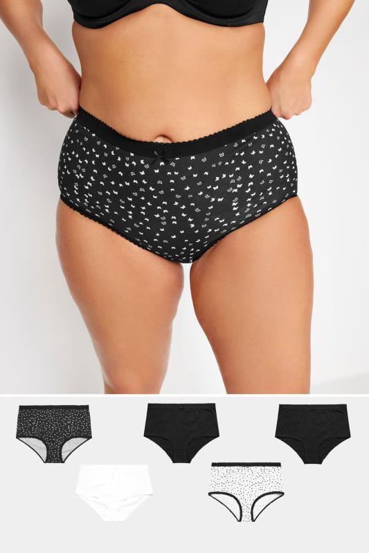 evans YOURS 5 PACK Curve Black & White Butterfly Design High Waisted Full Briefs