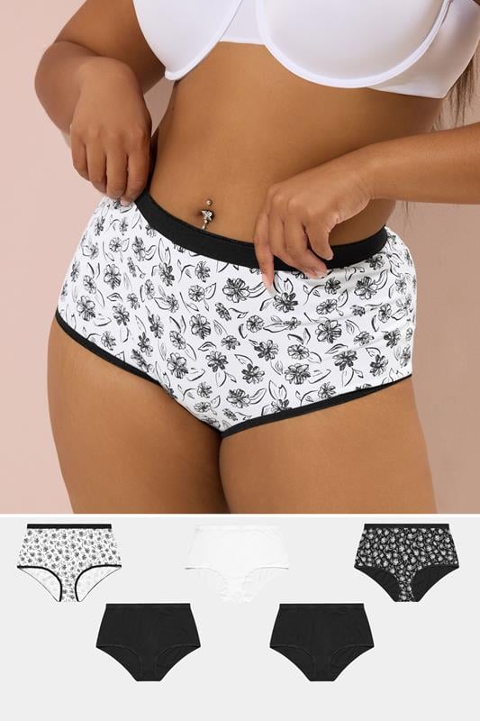 evans YOURS 5 PACK Curve Black & White Floral Print Full Briefs