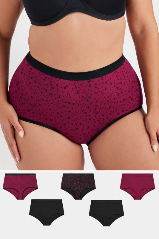 evans YOURS 5 PACK Curve Burgundy Red Star Print Full Briefs
