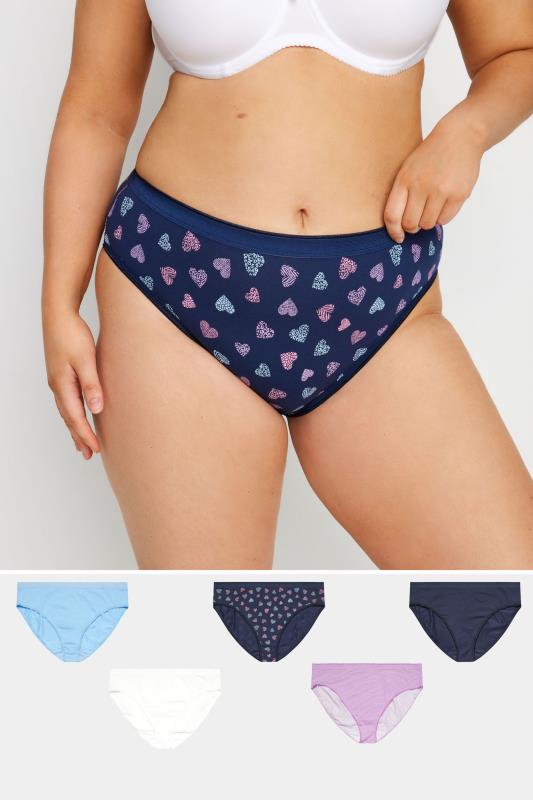 evans YOURS 5 PACK Curve Navy Blue Heart Print High Leg Knickers