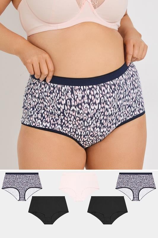 evans YOURS 5 PACK Curve Navy Blue Leopard Print Full Briefs
