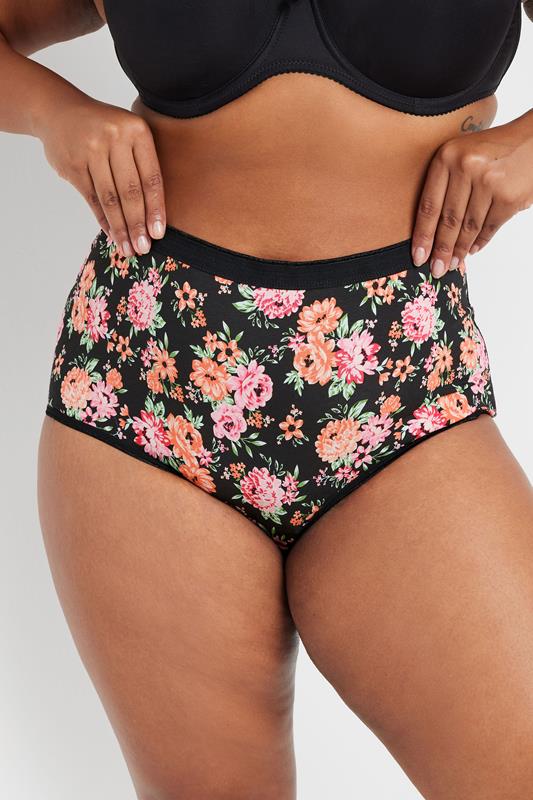 Evans YOURS 5 PACK Curve Pink & Black Floral Print Full Briefs