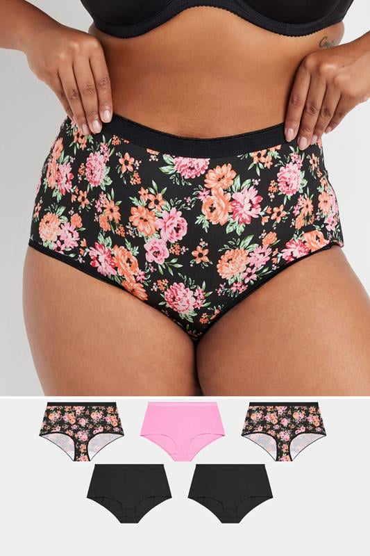 evans YOURS 5 PACK Curve Pink & Black Floral Print Full Briefs