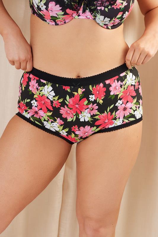 Evans YOURS 5 PACK Curve Pink & Black Floral Print High Waisted Full Briefs