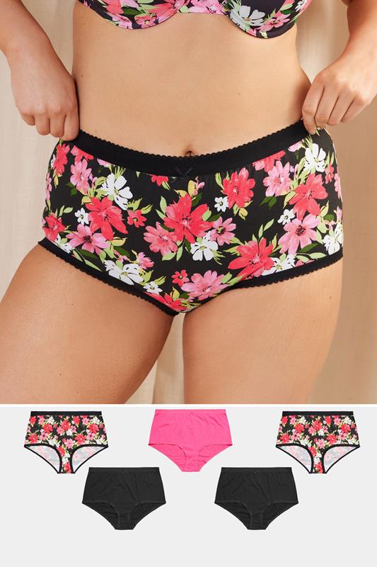 evans YOURS 5 PACK Curve Pink & Black Floral Print High Waisted Full Briefs