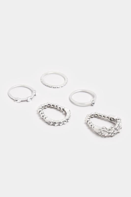 Evans Yours 5 PACK Silver Tone Diamante Stretch Ring Set