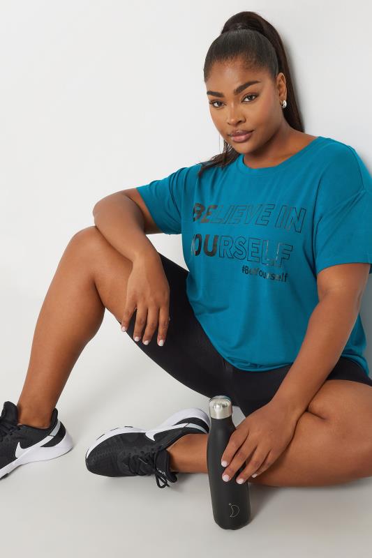 evans YOURS ACTIVE Curve Blue 'Believe In Yourself' Slogan Print Top