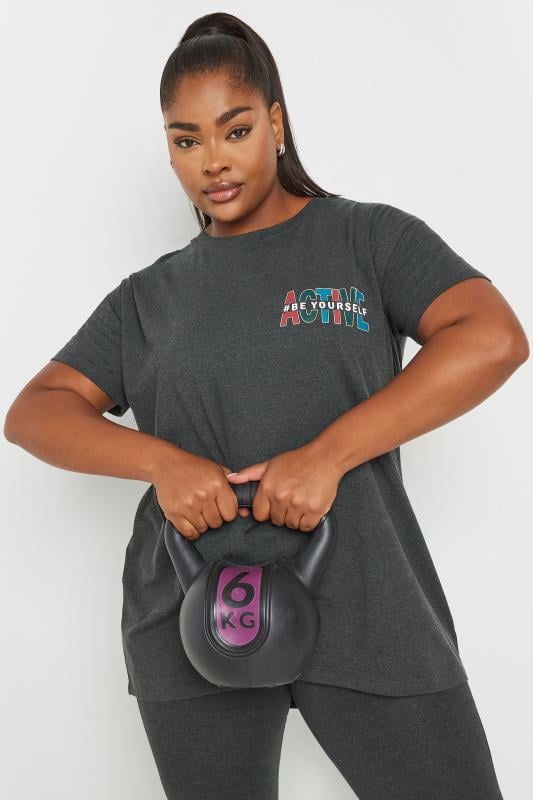 evans YOURS ACTIVE Curve Grey 'Be Yourself' Slogan Print Top