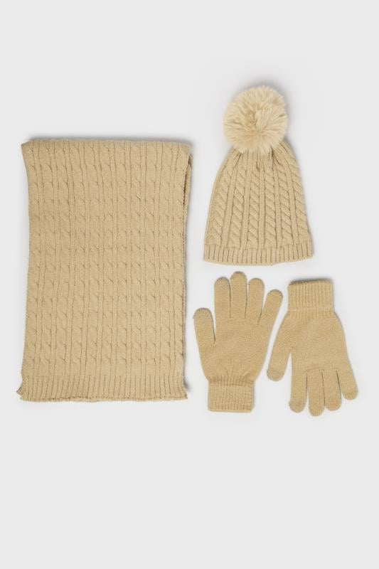 Evans Yours Beige Brown Cable Knit Hat Gloves & Scarf Set