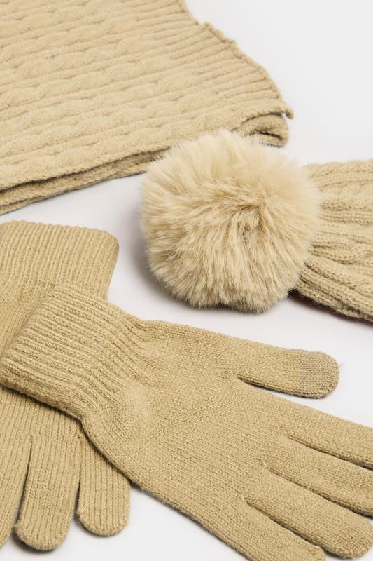 Evans Yours Beige Brown Cable Knit Hat Gloves & Scarf Set