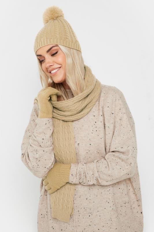 evans Yours Beige Brown Cable Knit Hat Gloves & Scarf Set