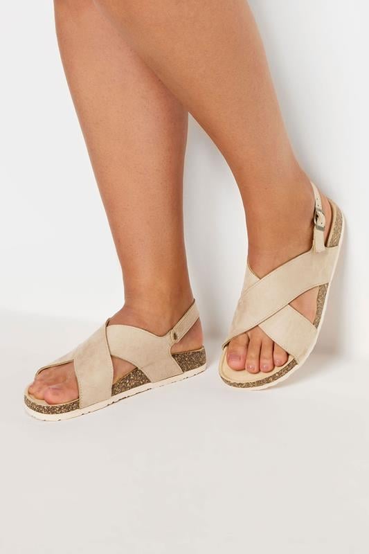 evans Yours Beige Brown Cross Strap Footbed Sandals In Wide E & Extra Wide EEE Fit
