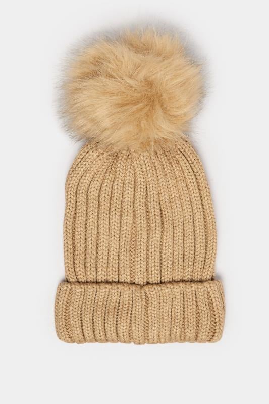 Evans Yours Beige Brown Faux Fur Pom Pom Bobble Hat