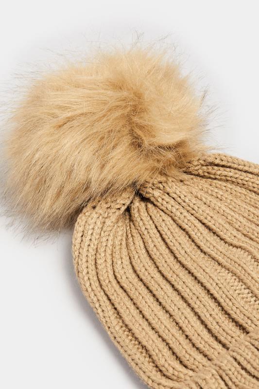Evans Yours Beige Brown Faux Fur Pom Pom Bobble Hat