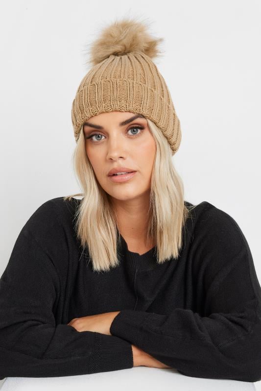 evans Yours Beige Brown Faux Fur Pom Pom Bobble Hat