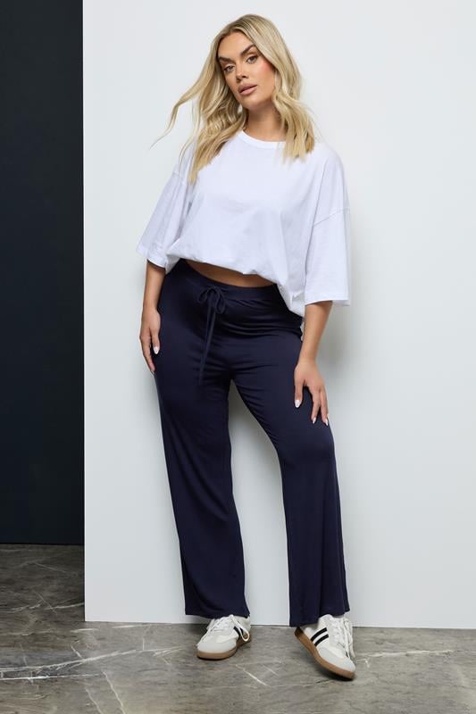 Evans YOURS BESTSELLER Curve Navy Blue Wide Leg Pull On Stretch Jersey Yoga Pants