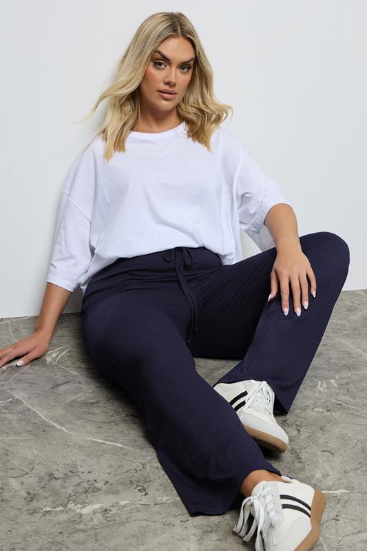 evans YOURS BESTSELLER Curve Navy Blue Wide Leg Pull On Stretch Jersey Yoga Pants