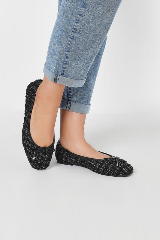 Evans Yours Black Boucle Ballerina Pumps In Extra Wide EEE Fit