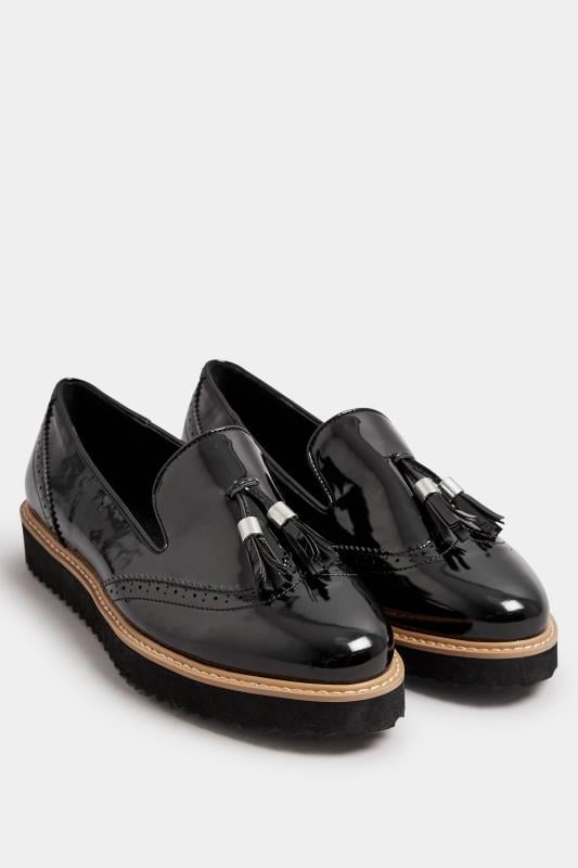 Evans Yours Black Brogued Patent Tassel Loafers In Extra Wide EEE Fit