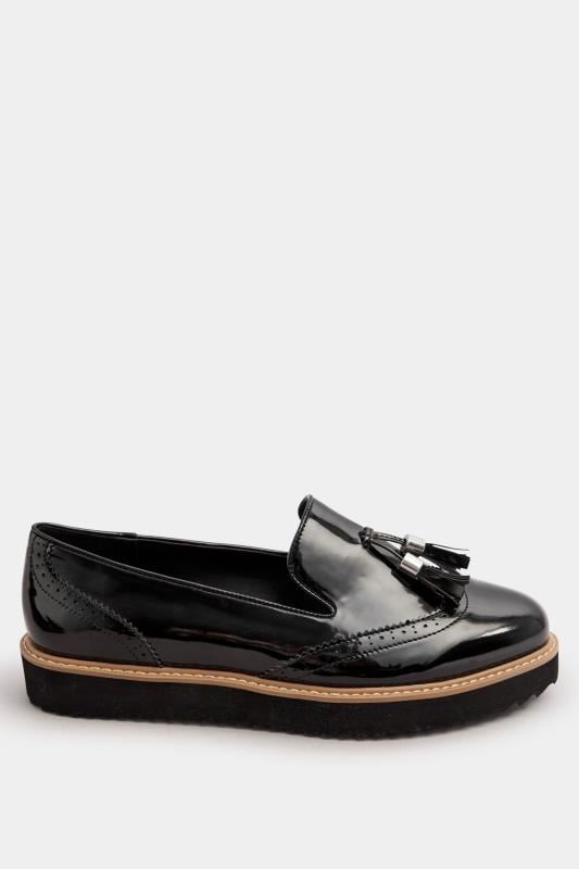 Evans Yours Black Brogued Patent Tassel Loafers In Extra Wide EEE Fit