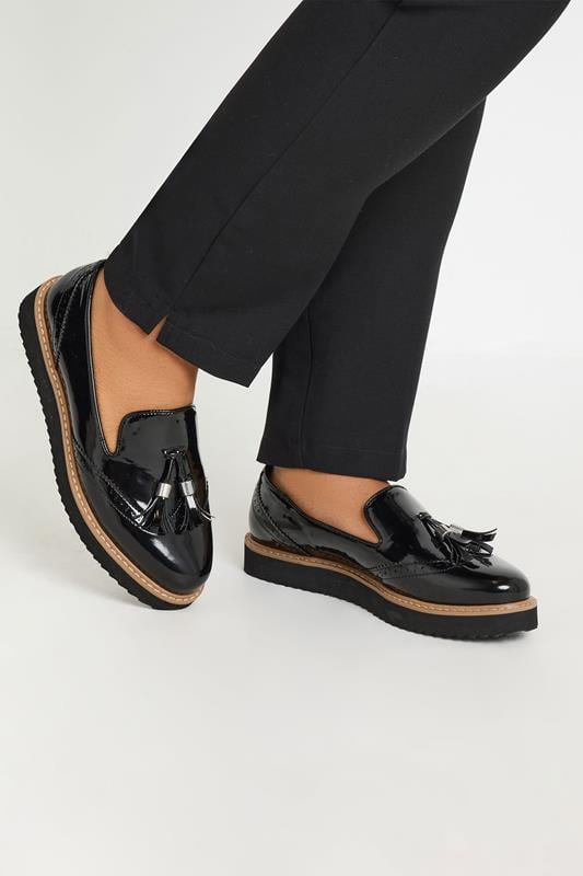 evans Yours Black Brogued Patent Tassel Loafers In Extra Wide EEE Fit
