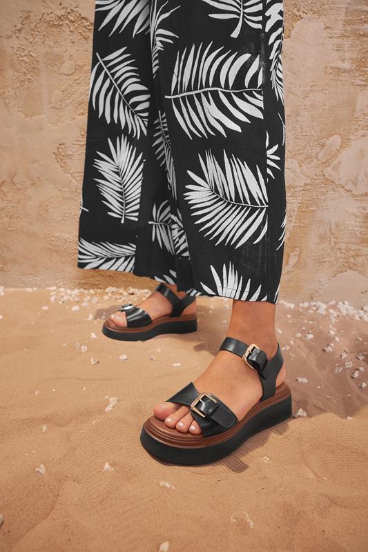 evans Yours Black Buckle Chunky Platform Sandals In Extra Wide EEE Fit