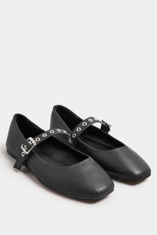 Evans Yours Black Buckle Detail Mary Jane Rivet Flats In Extra Wide EEE Fit