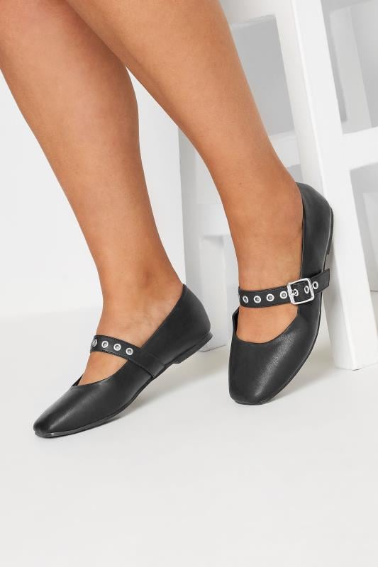 evans Yours Black Buckle Detail Mary Jane Rivet Flats In Extra Wide EEE Fit