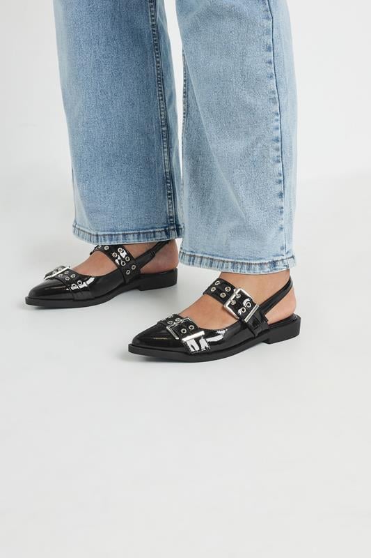 Evans Yours Black Buckle Detail Pointed Slingback Flats In Wide E Fit