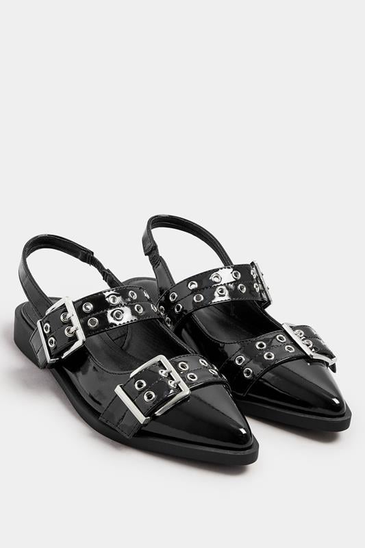 Evans Yours Black Buckle Detail Pointed Slingback Flats In Wide E Fit