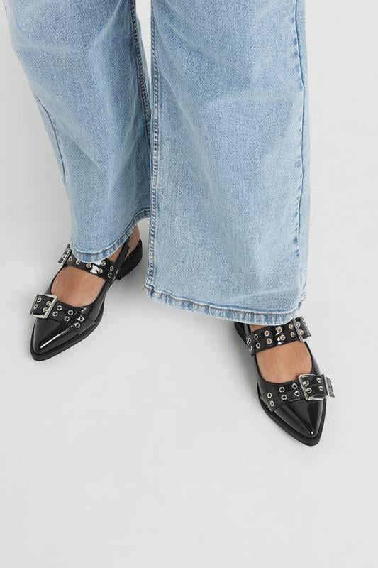 evans Yours Black Buckle Detail Pointed Slingback Flats In Wide E Fit