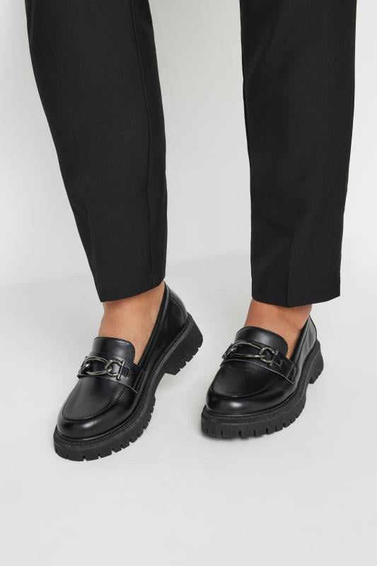 evans Yours Black Chain Detail Chunky Loafers In Wide E Fit & Extra Wide EEE Fit