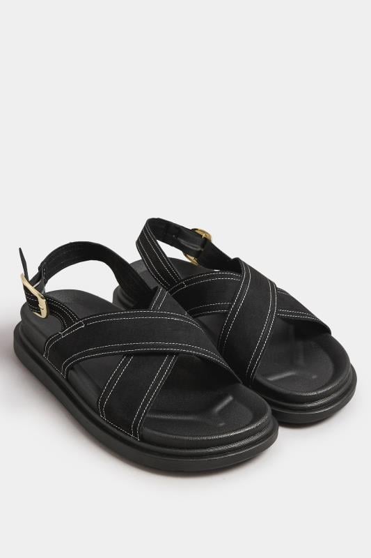 Evans Yours Black Contrast Stitch Cross Strap Sandals In Extra Wide EEE Fit