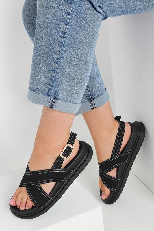 evans Yours Black Contrast Stitch Cross Strap Sandals In Extra Wide EEE Fit