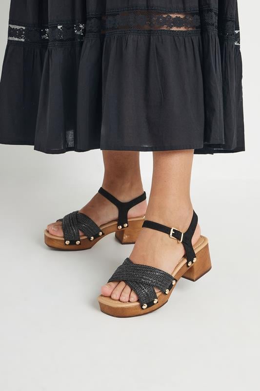 Evans Yours Black Cross Over Platform Wooden Clog Sandals In Wide E Fit