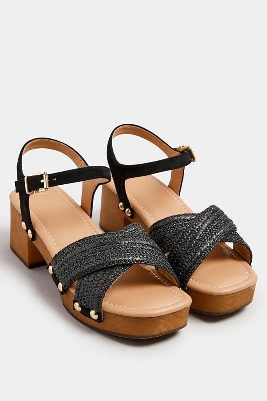 Evans Yours Black Cross Over Platform Wooden Clog Sandals In Wide E Fit