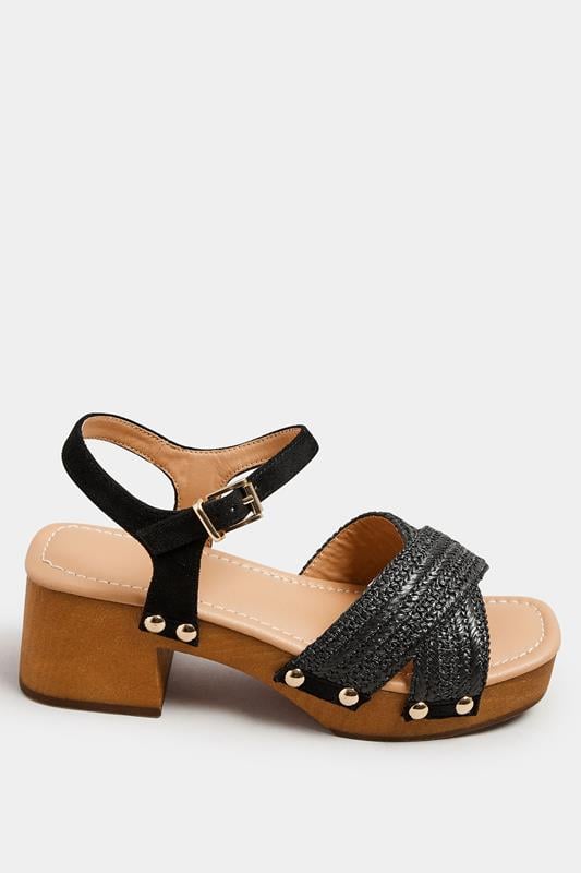 Evans Yours Black Cross Over Platform Wooden Clog Sandals In Wide E Fit