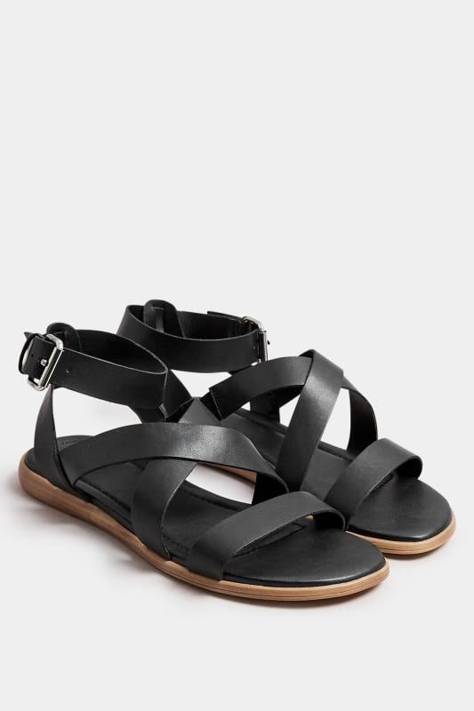 Evans Yours Black Cross Over Strappy Sandals In Extra Wide EEE Fit