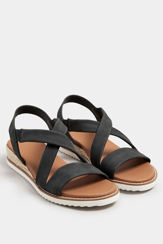 Evans Yours Black Cross Over Strappy Wedge Sandals In Wide E & Extra Wide EEE Fit